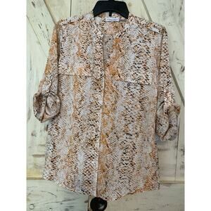 Calvin‎ Klein Women’s Roll Tab Sleeves Blouse V Neck Orange Snake Print Size XS